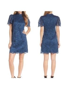 Eliza J Blue Lace Mock Neck Flutter Sleeve Shift Dress Size 4 Wedding Nordstrom